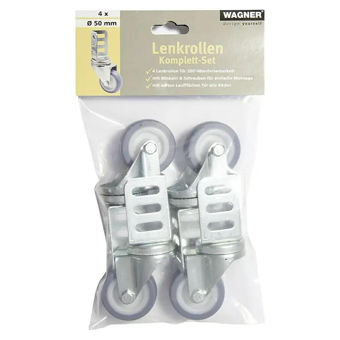 Wagner System GreenFamily Apparate-Lenkrolle GH 3150 - Durchmesser: 5 cm, 4 Stk. - Das Bild zeigt eine Packung mit vier Lenkrollen (Ø 50 mm) der Marke Wagner. Das Set ist komplett mit Winkeln und Schrauben für eine einfache Montage.