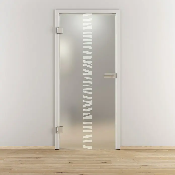 Diamond Doors Glasdrehtür 548 - 709 x 1.972 mm, DIN Anschlag: Links, Milchglas - Elegante Glastür mit einem Rahmen in Silber und einem dekorativen, vertikalen Streifenmuster, das für Privatsphäre sorgt.\n