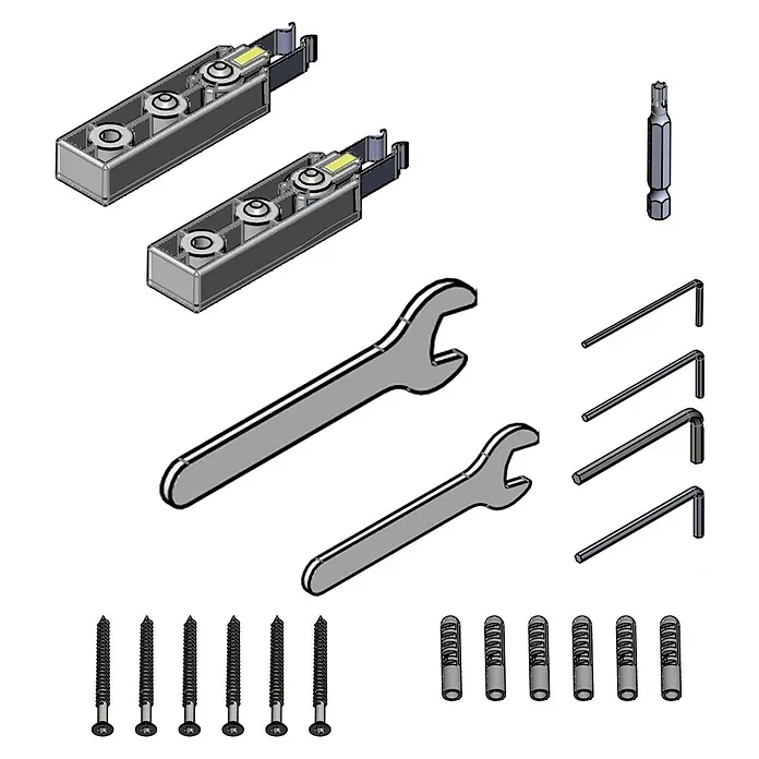 Diamond Doors Zubehör-Set Linea 40 - 12 x 61,5 x 17,5 mm, Passend für: Diamond Doors Glasschiebetür-Beschlag Linea 40 - Befestigungselemente: Das Bild zeigt eine Auswahl an Werkzeugen, Schrauben und Dübeln für Montagearbeiten.