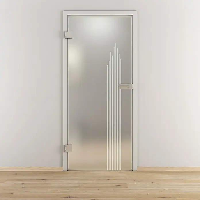 Diamond Doors Glasdrehtür 597 - 709 x 1.972 mm, DIN Anschlag: Links, Milchglas - Eine elegante, satiniert Glastür mit einem modernen Streifendesign, ideal für stilvolle Innenräume, bietet Privatsphäre und Lichtdurchlässigkeit.