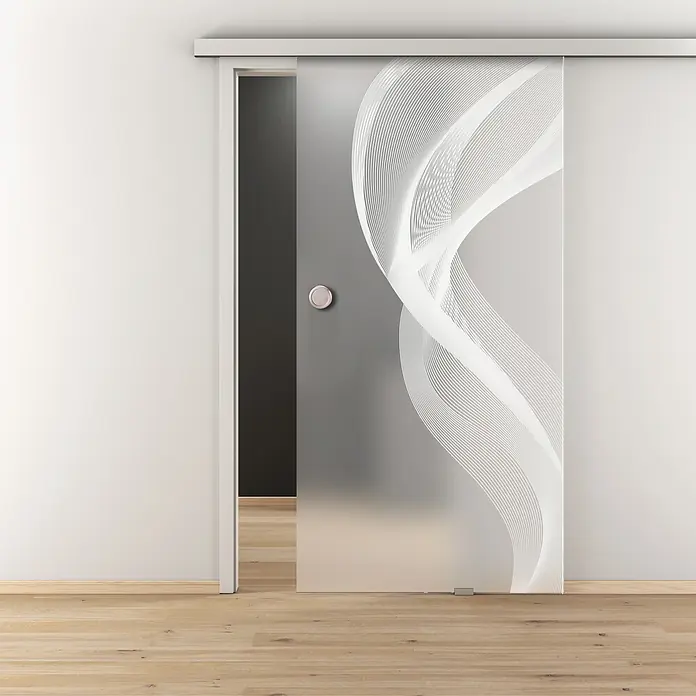 Diamond Doors Glasschiebetür 636 - 935 x 2.058 mm, Einscheibensicherheitsglas (ESG), Milchglas - Elegante Schiebetür aus Glas mit einem geschwungenen, weißen Design, ideal für moderne Innenräume und platzsparende Lösungen.