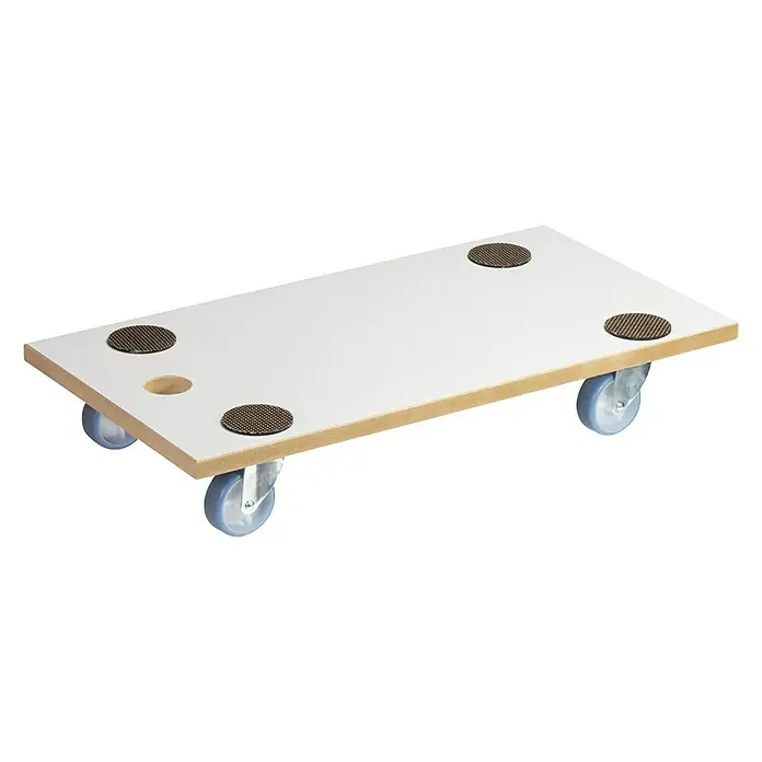 Wagner System Transportroller MM 1318 - L x B x H: 575 x 300 x 100 mm, Traglast: 200 kg, Holz - Möbelroller mit weißer Platte, braunem Rand, Antirutschmatten und vier blauen Rollen für sicheren Transport.