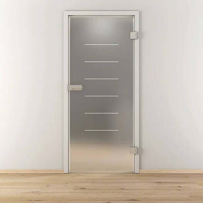 Diamond Doors Glasdrehtür 631 - 834 x 1.972 mm, DIN Anschlag: Rechts, Milchglas - Bild einer modernen Glastür mit horizontalen Streifen in einem minimalistischen Design.