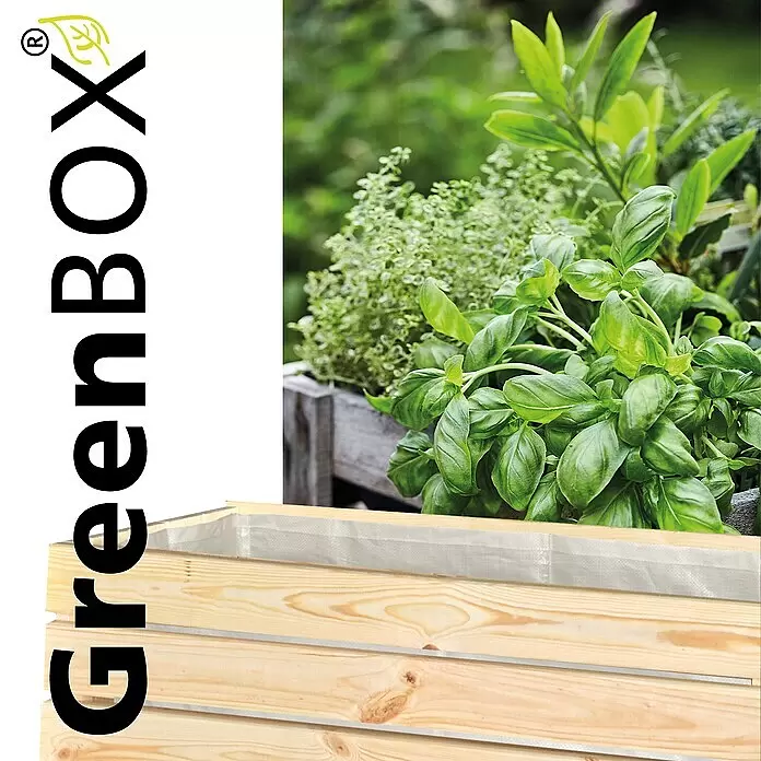 Wagner System GreenFamily Hochbeet GreenBox - 79 x 43 x 80 cm, Holz - Heller Holz-Pflanzkasten mit Folie, gefüllt mit grünen Kräutern, im Garten.