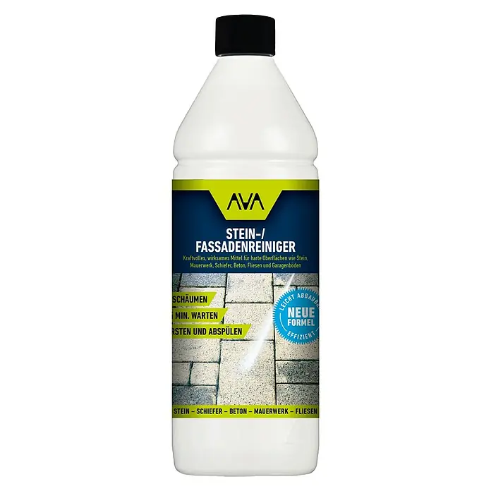 Ava Stein- & Fassadenreiniger - 1 l - Produktbild einer Flasche AVA Stein- und Fassadenreiniger. Kraftvolle Reinigung für Stein, Mauerwerk, Schiefer, Beton, Fliesen und Garagenböden.