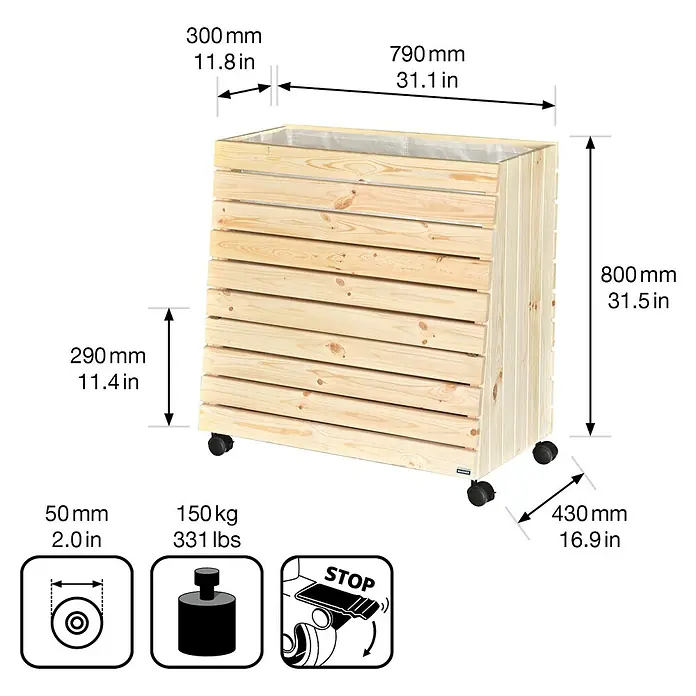 Wagner System GreenFamily Hochbeet GreenBox - 79 x 43 x 80 cm, Holz - Produktbild eines Pflanzkastens aus Holz mit Maßangaben und Symbolen für Gewicht, Rollen und Bremse.