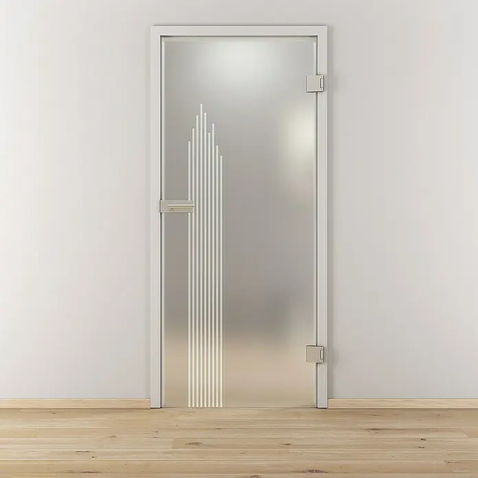 Diamond Doors Glasdrehtür 597 - 709 x 1.972 mm, DIN Anschlag: Rechts, Milchglas - Elegante Glastür mit stilvollem Design. Die Tür ist blickdicht und verfügt über ein dekoratives Streifenmuster.