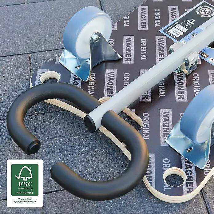 Wagner System Transportroller MM 1187 - L x B x H: 800 x 400 x 145 mm, Traglast: 300 kg, Holz - Produktaufnahme des Wagner Möbelrollers mit Rollen, Griff und FSC-Siegel für verantwortungsvolle Forstwirtschaft.