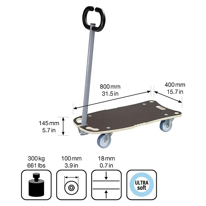 Wagner System Transportroller MM 1187 - L x B x H: 800 x 400 x 145 mm, Traglast: 300 kg, Holz - Produktbild eines Transportrollers mit Griff und vier Rollen. Abmessungen sind angegeben.