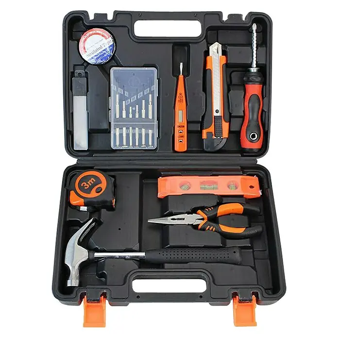 Maletín de herramientas TB16 - 16 pzs. - Caja de herramientas con varias herramientas como martillo, destornilladores y alicates para proyectos de bricolaje.
