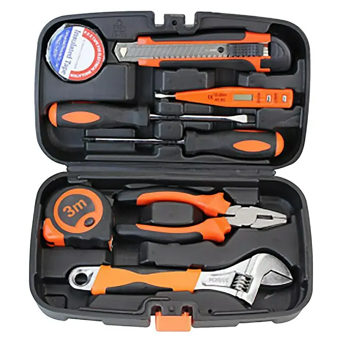 Maletín de herramientas TB09A - 9 pzs. - Caja de herramientas con diversas herramientas como destornilladores, alicates, cinta métrica y cinta aislante, ideal para aficionados al bricolaje y profesionales.