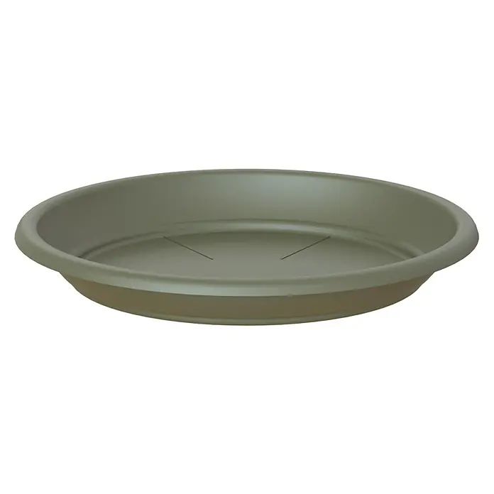 Artevasi Blumentopf-Untersetzer - Außenmaß (Ø x H): 26 x 3,3 cm, Kunststoff, Trockengrün - Nahaufnahme einer runden, grauen Pflanzschale mit breitem Rand, ideal für den Innen- und Außenbereich, die sich durch ihr schlichtes Design auszeichnet.