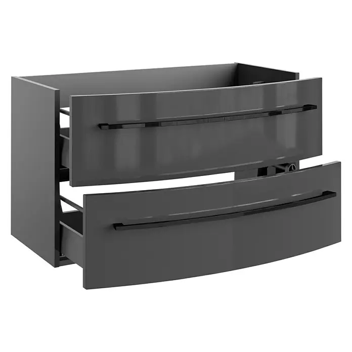 Camargue Swing K Waschtischunterschrank - 89 x 46 x 52 cm, Grafit - Grauer Waschtischunterschrank mit zwei Auszügen und schwarzen Griffen für ein modernes Badezimmerdesign.