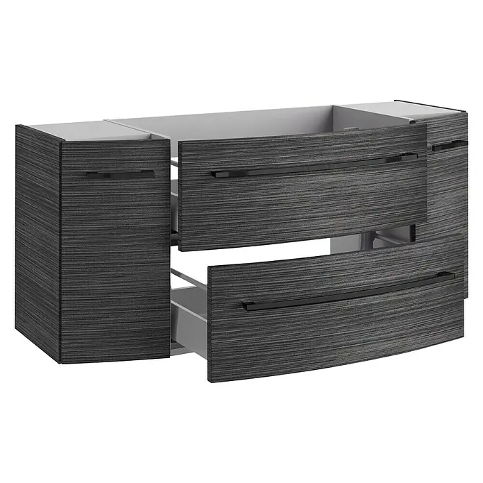 Camargue Swing K Waschtischunterschrank - 119 x 46 x 52 cm, Dark Oak - Abgebildeter Badezimmerschrank mit zwei Schubladen in dunklem Holzdesign, ideal für moderne Badezimmer.