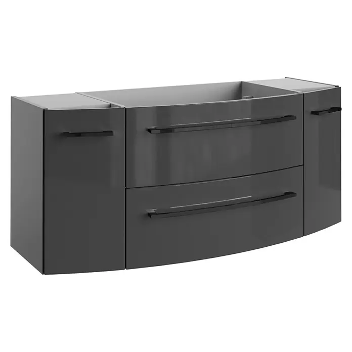 Camargue Swing K Badmöbel-Set BC4 - Gesamtbreite Badmöbel: 120 cm, Grafit, Glänzend, 4 -tlg. - Schwarzer Waschtischunterschrank mit zwei Schubladen und seitlichen Schranktüren für das Badezimmer.