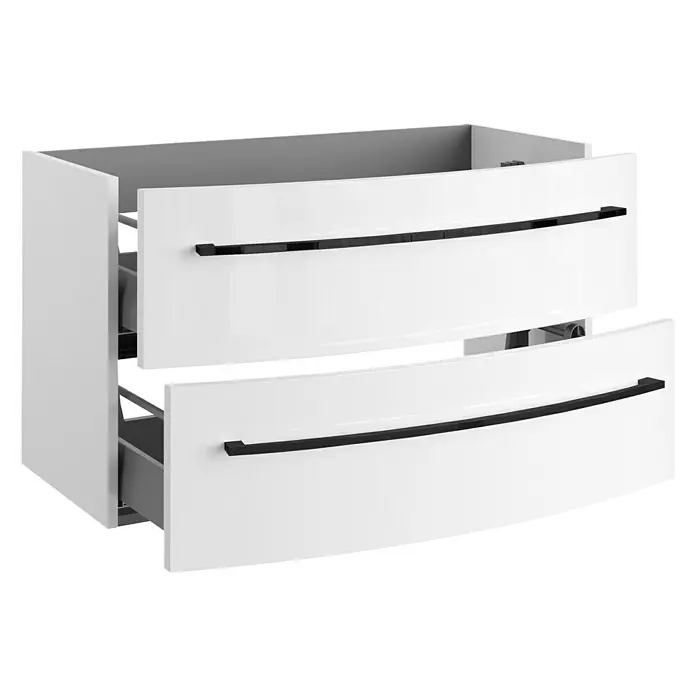 Camargue Swing K Waschtischunterschrank - 89 x 46 x 52 cm, Weiß - Ein moderner weißer Badezimmerschrank mit zwei Schubladen und eleganten schwarzen Griffen. Perfekt für ein stilvolles Badezimmer.