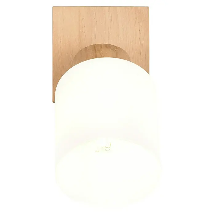 Reality Leuchten Assam Deckenstrahler - 25 W, L x B x H: 10 x 10 x 21 cm, Natur, E14, 1 Stk. - Nahaufnahme einer modernen Wandleuchte mit einem quadratischen Holzsockel und einem abgerundeten, weißen Glasschirm.