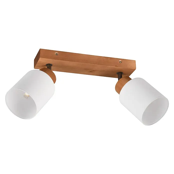 Reality Leuchten Assam Deckenstrahler - 50 W, L x B x H: 10 x 30 x 21 cm, Natur, E14, 2 Stk. - Nahaufnahme einer stilvollen Deckenleuchte mit zwei weißen Lampenschirmen und einem Holzsockel.