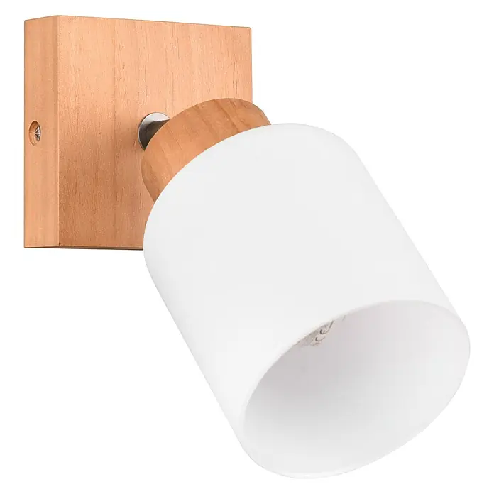 Reality Leuchten Assam Deckenstrahler - 25 W, L x B x H: 10 x 10 x 21 cm, Natur, E14, 1 Stk. - Eine moderne Wandleuchte mit einem quadratischen Holzsockel und einem zylinderförmigen, weißen Lampenschirm, ideal für stilvolle Beleuchtung.