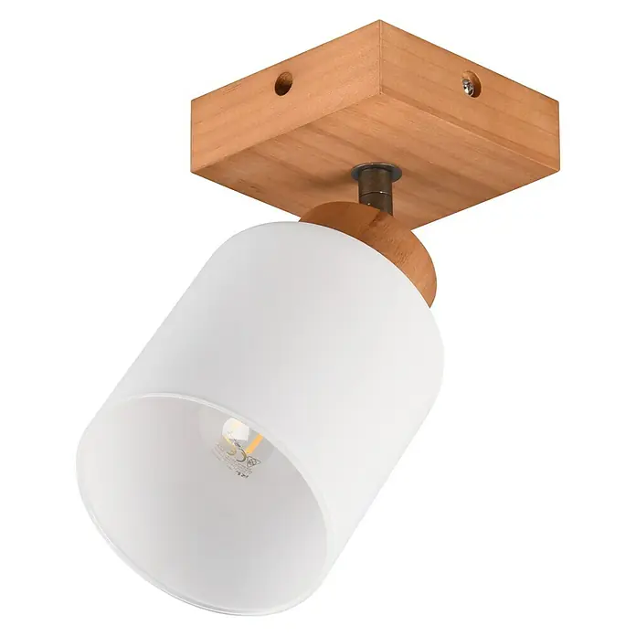 Reality Leuchten Assam Deckenstrahler - 25 W, L x B x H: 10 x 10 x 21 cm, Natur, E14, 1 Stk. - Moderne Deckenleuchte mit Holzsockel und weißem Lampenschirm, die ein warmes und einladendes Licht spendet. Perfekt für jeden Raum.