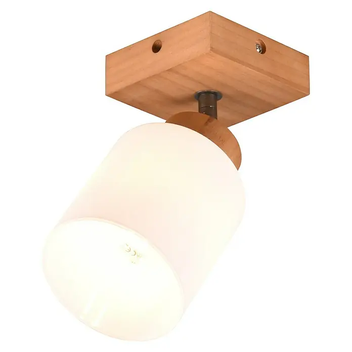 Reality Leuchten Assam Deckenstrahler - 25 W, L x B x H: 10 x 10 x 21 cm, Natur, E14, 1 Stk. - Nahaufnahme einer modernen Deckenleuchte mit Holzsockel und weißem Glasschirm vor schwarzem Hintergrund.