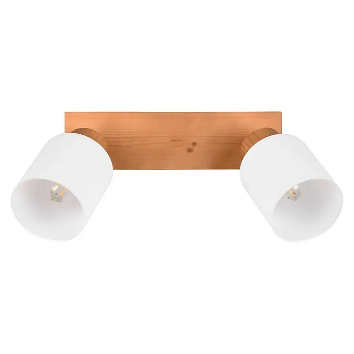 Reality Leuchten Assam Deckenstrahler - 50 W, L x B x H: 10 x 30 x 21 cm, Natur, E14, 2 Stk. - Eine moderne Wandleuchte mit zwei weißen Lampenschirmen und einer Holzhalterung, die ein warmes Licht in jeden Raum bringt.