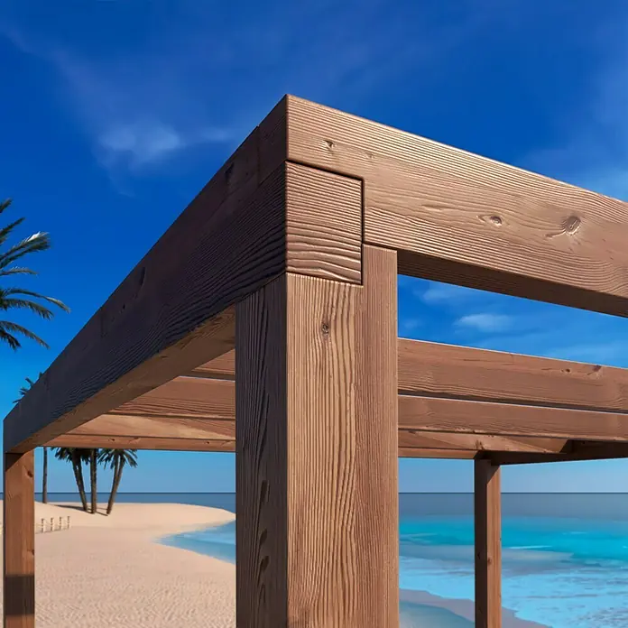 Pérgola adosada Green - L x An: 400 x 400 cm, Marrón - Primer plano de una pérgola de madera en la playa con cielo azul.