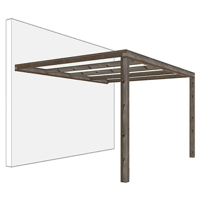 Pérgola adosada Green - L x An: 400 x 300 cm, Marrón - Una pérgola marrón moderna unida a una pared blanca, que proporciona sombra y estructura exterior.