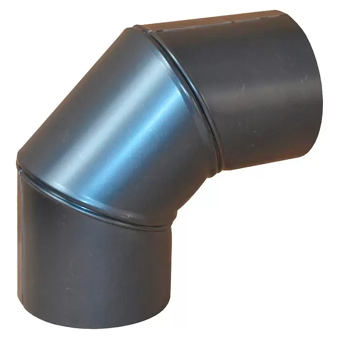 Bertrams Rohrbogen - Durchmesser: 120 mm, Bogenwinkel: 90 °, Schwarz mit Blauglanz - Dunkelgraues Metallrohrbogenstück für Lüftungs- oder Abgassysteme.