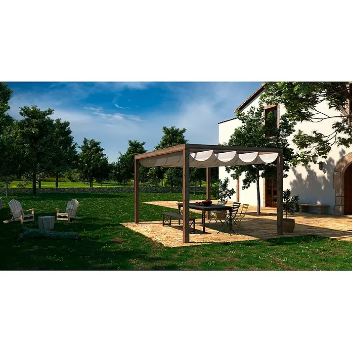 Pérgola adosada Green con toldo - L x An: 300 x 300 cm, Marrón - Agradable escena de jardín con una elegante pérgola que da sombra a un comedor, ideal para la relajación y el entretenimiento al aire libre.
