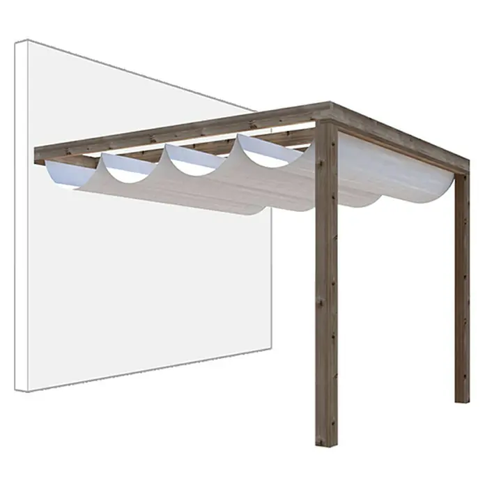 Pérgola adosada Green con toldo - L x An: 300 x 300 cm, Marrón - Elegante pérgola con cubierta de tela beige, ideal para días soleados en el jardín. La robusta estructura de madera garantiza estabilidad y un aspecto atractivo.