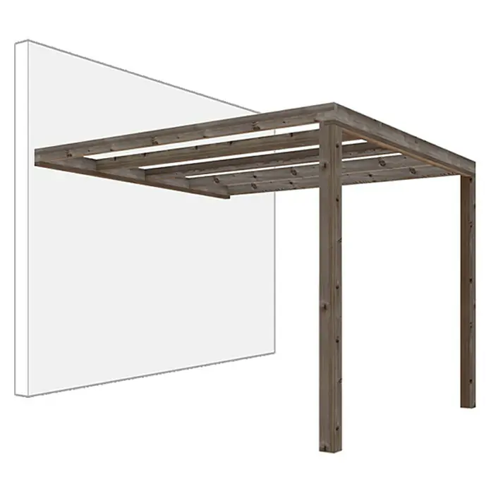 Pérgola adosada Green - L x An: 300 x 300 cm, Marrón - Pérgola moderna de madera adosada a una pared blanca, proporcionando sombra y estructura a un espacio exterior. Construcción robusta y estética en madera.