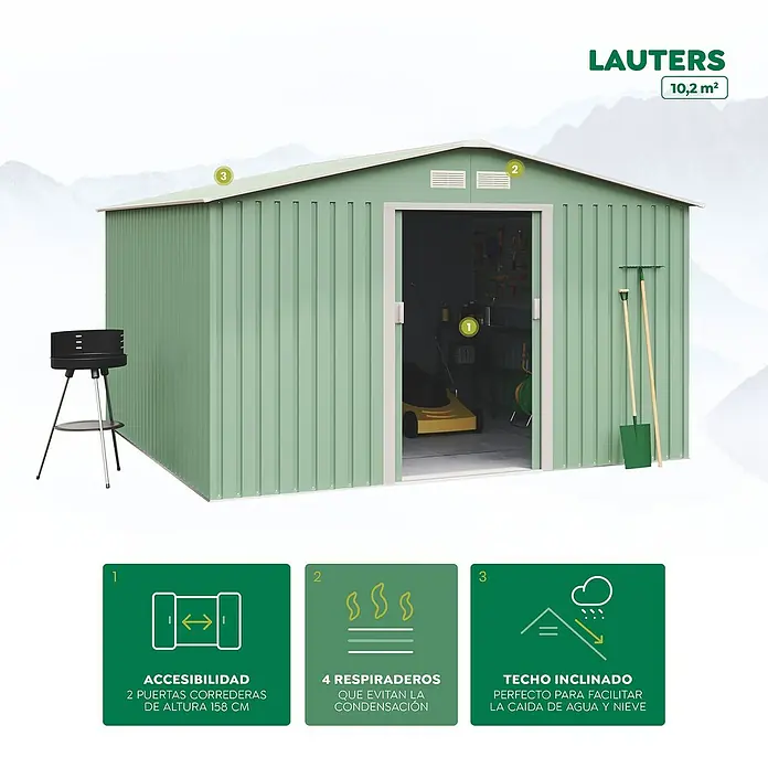 Hoggar Caseta de jardín Lauters - Medidas ext. (An x Pr): 322 x 324 cm, Verde, Metal, Área: 10,2 m² - La imagen muestra una espaciosa caseta de jardín LAUTERS con puertas dobles, ventilación y un techo inclinado, ideal para guardar herramientas.