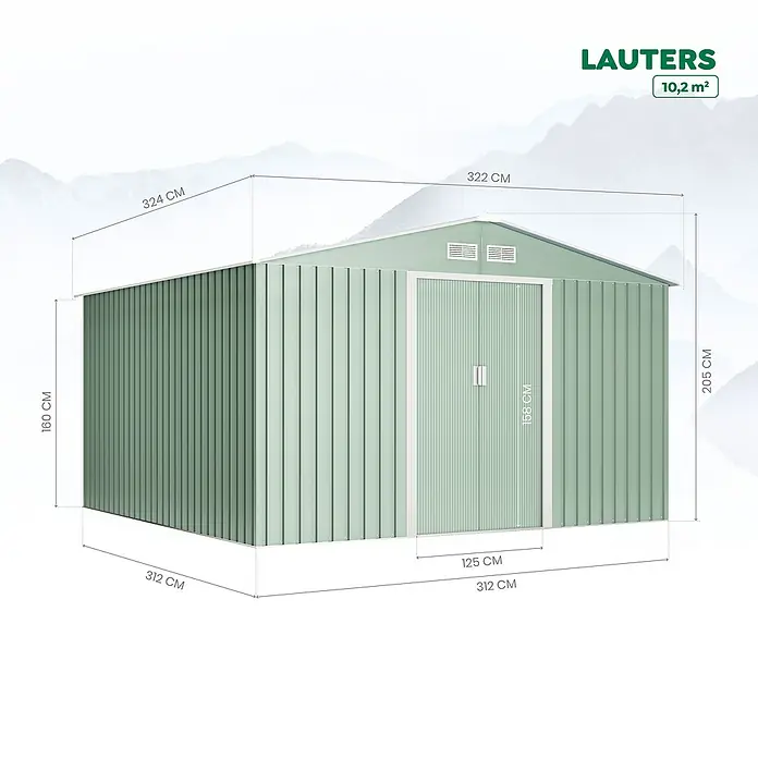 Hoggar Caseta de jardín Lauters - Medidas ext. (An x Pr): 322 x 324 cm, Verde, Metal, Área: 10,2 m² - Vista en ángulo de una caseta de jardín con medidas, que ofrece un amplio espacio de almacenamiento con su área de 10,2 m².