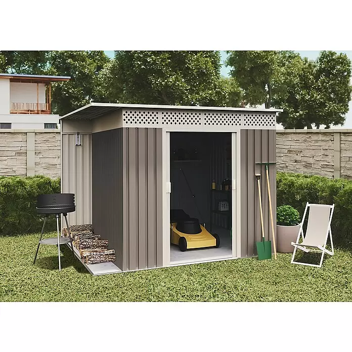 Hoggar Gerätehaus Husavik - Außenmaß inkl. Dachüberstand (B x T): 257 x 206 cm, Taupe, Stahl, 5,3 m² - Stimmungsaufnahme