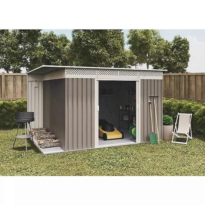 Hoggar Gerätehaus Örebro - Außenmaß inkl. Dachüberstand (B x T): 333 x 269 cm, Taupe, Stahl, Grundfläche: 8,96 m² - Stimmungsaufnahme