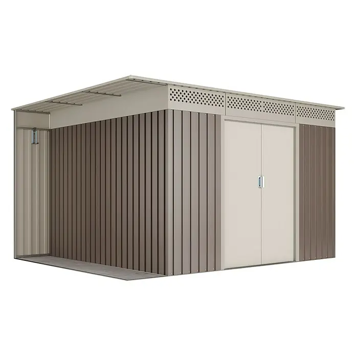 Hoggar Gerätehaus Örebro - Außenmaß inkl. Dachüberstand (B x T): 333 x 269 cm, Taupe, Stahl, Grundfläche: 8,96 m² - Ein geräumiges Gartenhaus mit Doppeltür und seitlichem Eingangsbereich bietet viel Stauraum und eine praktische Gestaltung für den Außenbereich.