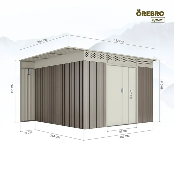 Hoggar Gerätehaus Örebro - Außenmaß inkl. Dachüberstand (B x T): 333 x 269 cm, Taupe, Stahl, Grundfläche: 8,96 m² - Abbildung eines Örebro Gartenhauses mit detaillierten Maßangaben, ideal zur Planung des Aufbaus.