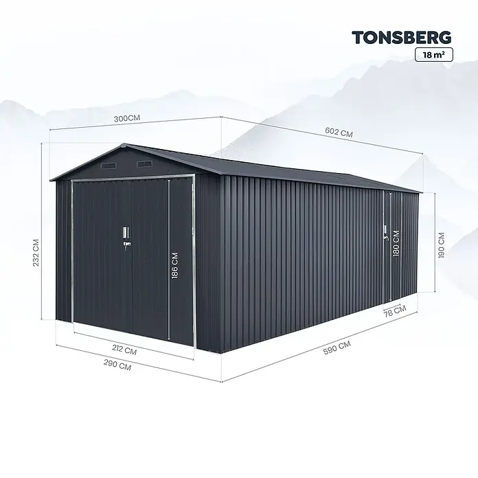 Hoggar Garaje Tonsberg - Medidas ext. (An x Pr): 300 x 602 cm, Antracita, Aluminio - Una imagen que muestra una caseta de jardín TONSBERG con dimensiones de 232x300x602 cm. Ideal para almacenamiento en el jardín.