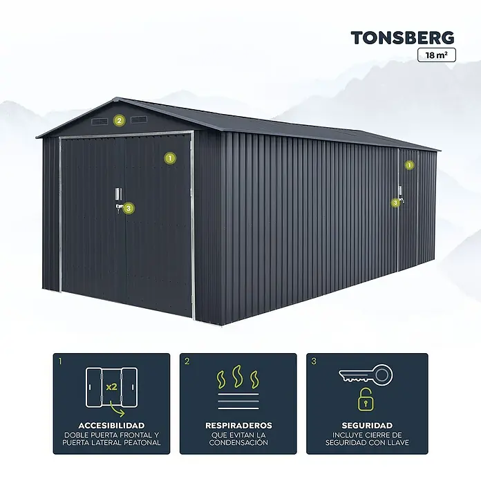 Hoggar Garaje Tonsberg - Medidas ext. (An x Pr): 300 x 602 cm, Antracita, Aluminio - Imagen de un cobertizo de jardín TONSBERG de color gris oscuro con puerta frontal doble y puerta lateral, respiraderos y cierre de seguridad.