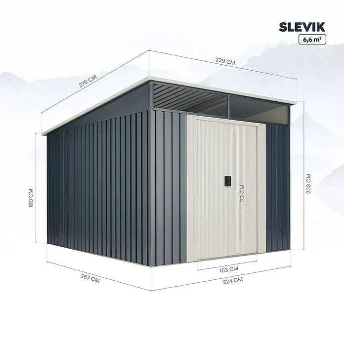 Hoggar Caseta para jardín Slevik - Medidas ext. (An x Pr): 238 x 279 cm, Antracita, Beige, Acero, Área: 6,6 m² - Vista de la caseta metálica SLEVIK con medidas. Ideal para herramientas de jardín con puerta práctica y buen aprovechamiento del espacio.