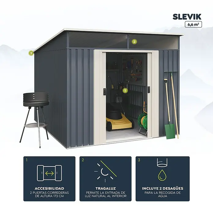 Hoggar Caseta para jardín Slevik - Medidas ext. (An x Pr): 238 x 279 cm, Antracita, Beige, Acero, Área: 6,6 m² - Imagen de un cobertizo de jardín SLEVIK con puertas correderas, tragaluz y sistema de drenaje para la recogida de agua de lluvia.