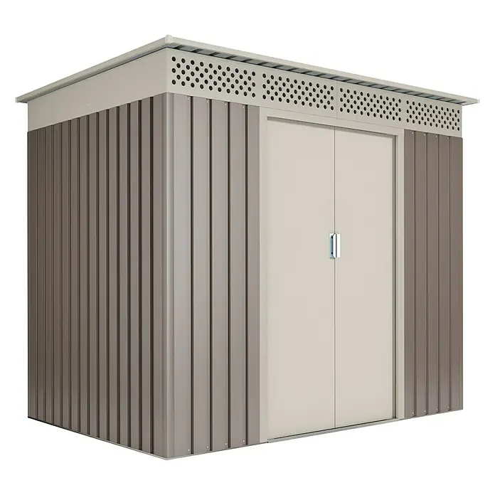 Hoggar Gerätehaus Nyköp - Außenmaß inkl. Dachüberstand (B x T): 213 x 142 cm, Taupe, Stahl, Grundfläche: 3,02 m² - Metallgartenhaus mit Doppeltür und Lüftungsöffnungen im oberen Bereich. Ideal für die Aufbewahrung von Gartengeräten und -möbeln.