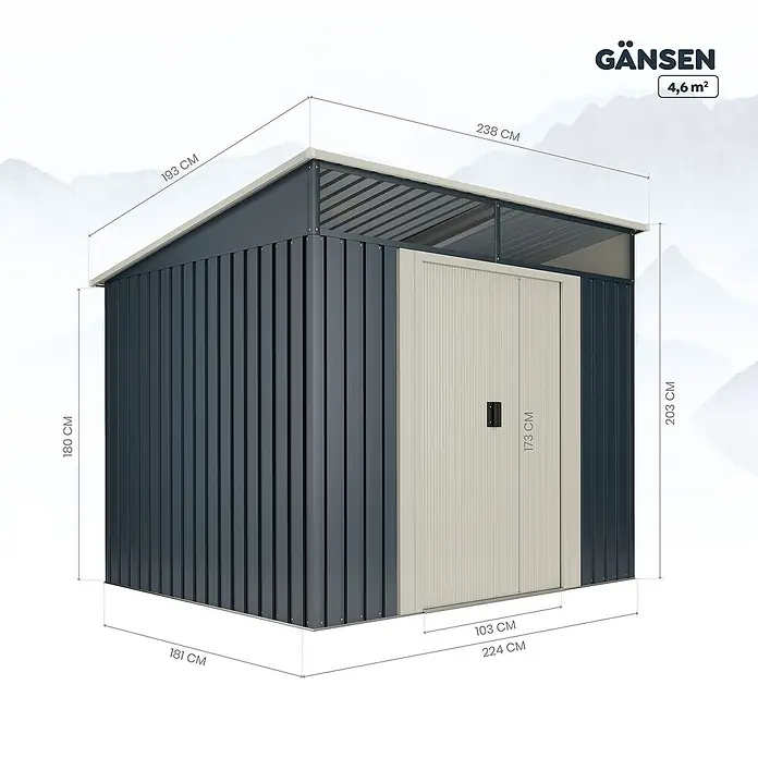 Hoggar Caseta para jardín Gansen II - Medidas ext. (An x Pr): 238 x 193 cm, Área: 4,6 m², Antracita/Beige, Acero - Imagen de una caseta de jardín gris con dimensiones 180x181x224 cm, altura de la puerta 173 cm y altura del techo 203 cm.