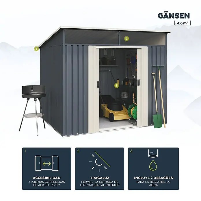 Hoggar Caseta para jardín Gansen II - Medidas ext. (An x Pr): 238 x 193 cm, Área: 4,6 m², Antracita/Beige, Acero - Caseta de jardín GÄNSEN de 4,6 m² con puertas correderas, tragaluz y dos desagües para la recogida de agua.