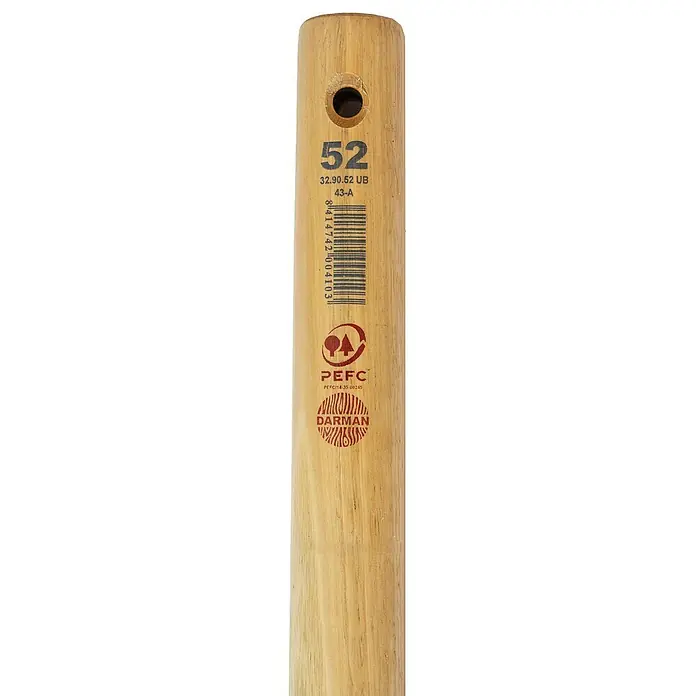 Mango de azada 52 - Largo: 90 cm - Primer plano de un mango de madera con marcas y un sello PEFC.