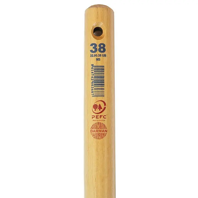 Mango de azada 38 - Ø x L: 38 mm x 90 cm - Primer plano del mango de un pincel Darman, mostrando el tamaño y el código de barras.