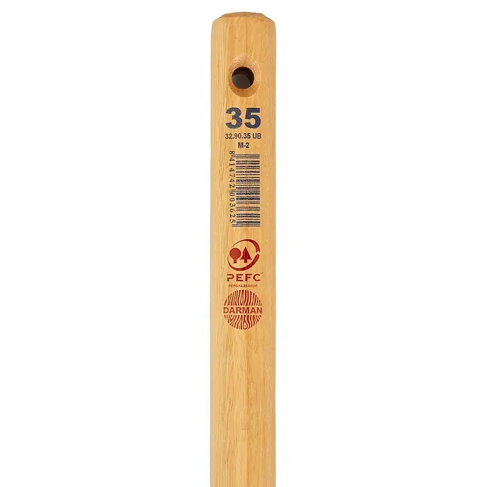 Mango de azada 35 - Ø x L: 35 mm x 90 cm - Primer plano de un mango de cepillo de madera con información del producto y un código de barras, ideal para tareas de pintura.