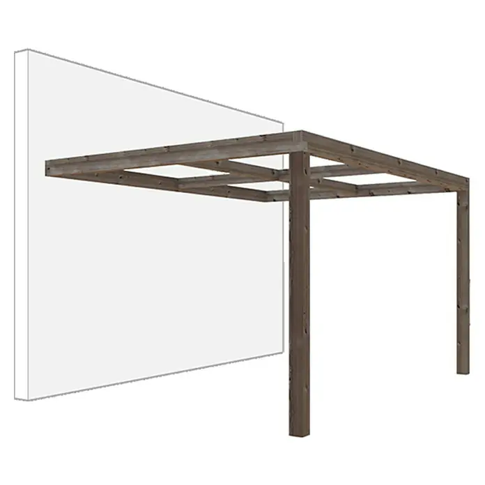 Pérgola adosada Cubik - L x An: 400 x 300 cm - Primer plano de una pérgola de madera fijada a una pared blanca, que proporciona sombra e interés arquitectónico para espacios exteriores.
