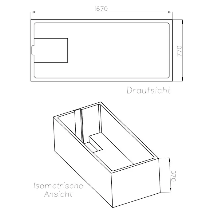 Ottofond Wannenträger Suez - Passend für: Ottofond Badewanne Suez 170 x 80 cm - Draufsicht und isometrische Ansicht einer Badewanne mit den Maßen 1670 x 770 x 570 mm.